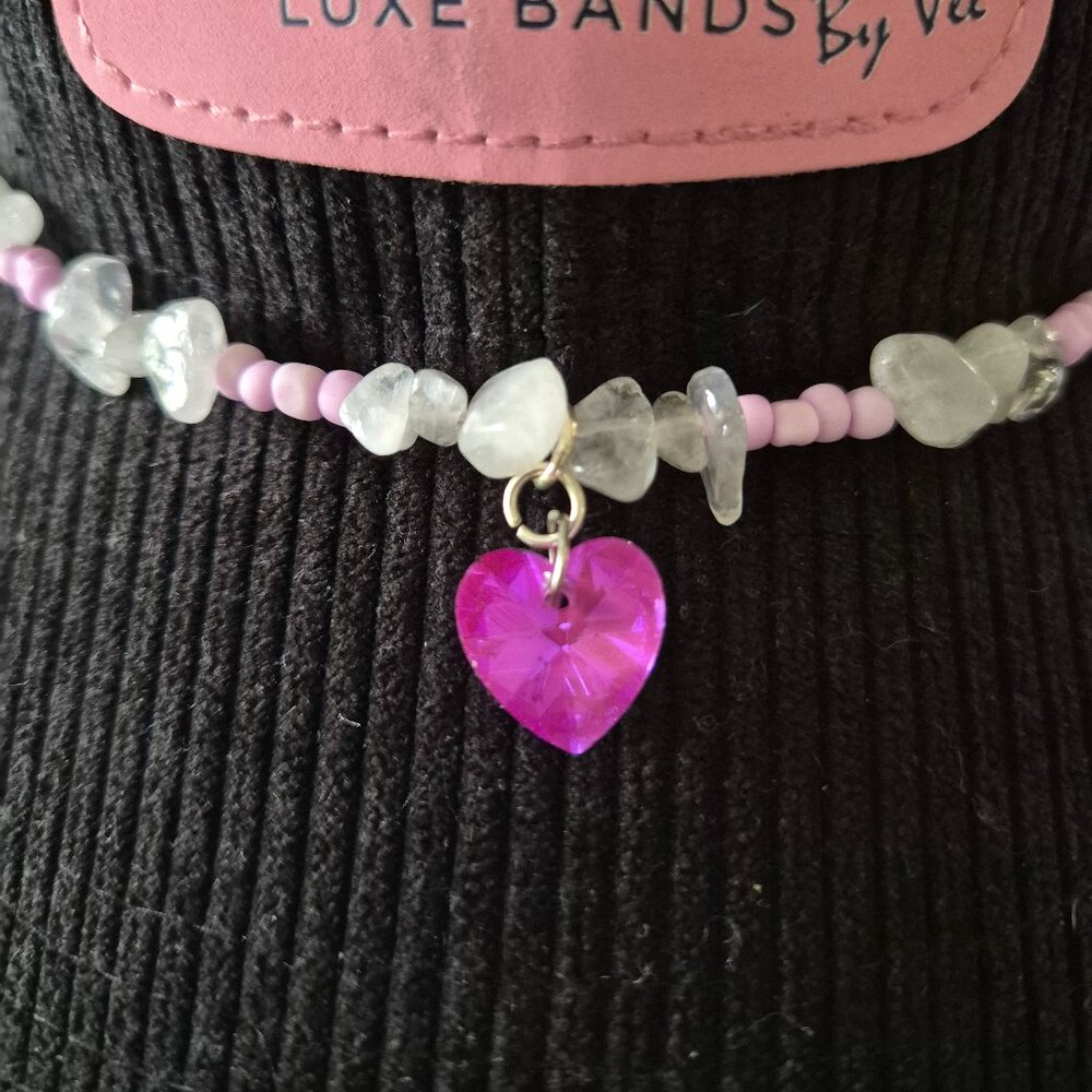 Handmade Western Hat Band – Pink Beads, Clear Stone Chips, Heart Charm